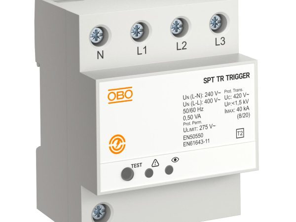 Protector trifásico contra sobretensiones permanentes y transitorias asociable a bobina o contactor 3+NPE, tipo 2 de Obo 5092787 Protector trifásico contra sobretensiones permanentes y transitorias asociable a bobina o contactor 3+NPE, tipo 2 de Obo 5092787